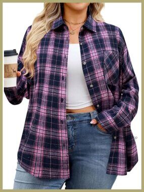 Plus Size Flannel Shirt Plaid Button Down Long Sleeve Cotton Blend